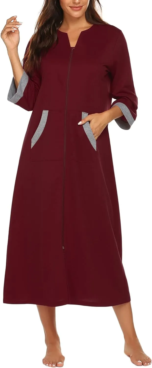 50% OFF Women Zipper Robe 3/4 Sleeves Loungewear Dress Full Length Sleepwear Pockets Housecoat Nightgown Long Bathrobe