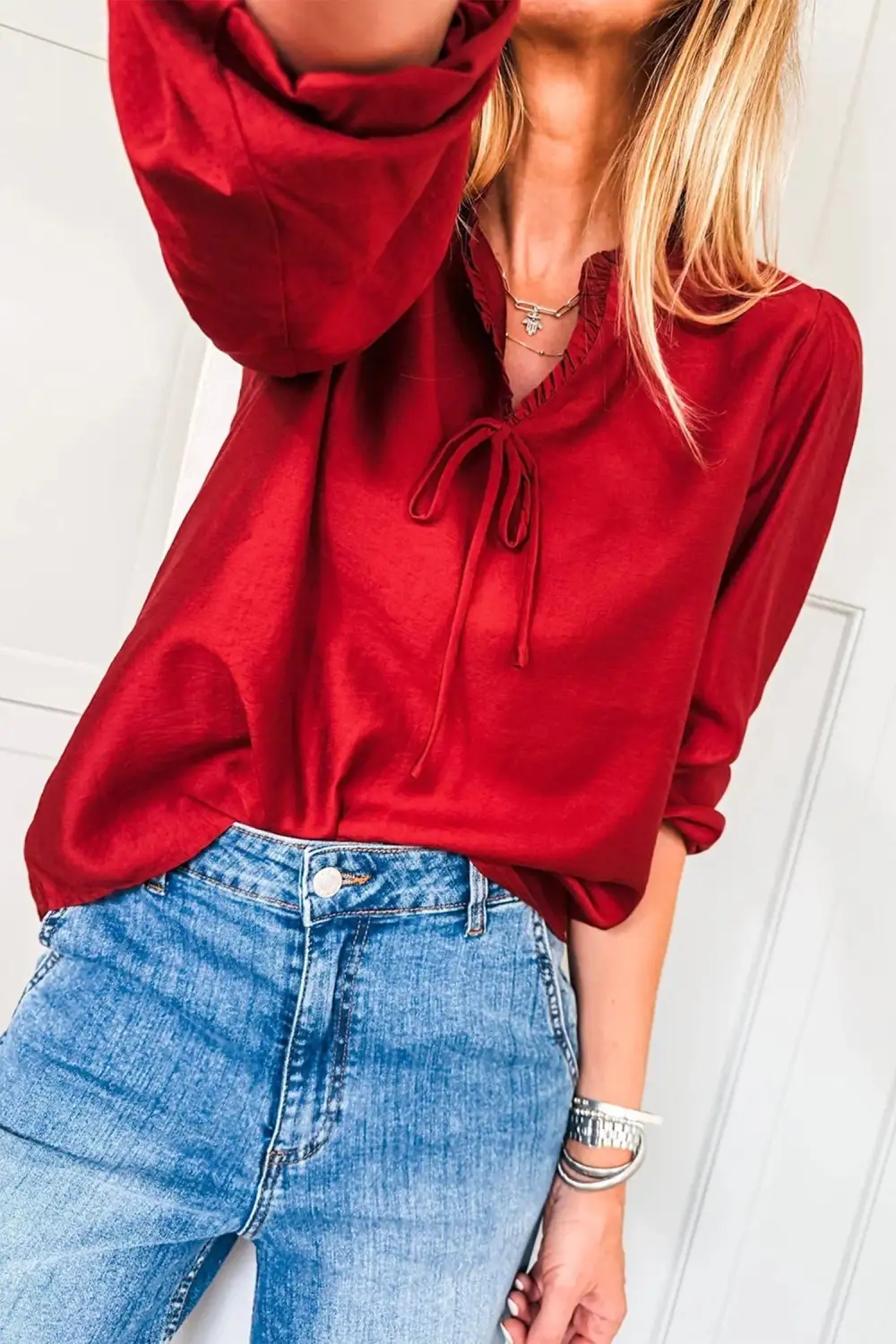 Frilled Bow Detail V-Neck Blouse