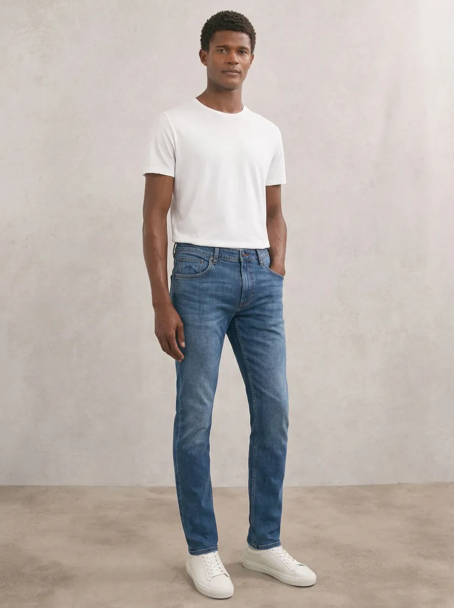 Men's Versatile Everyday Mountain Logo Embroidered Stretch Denim Jeans