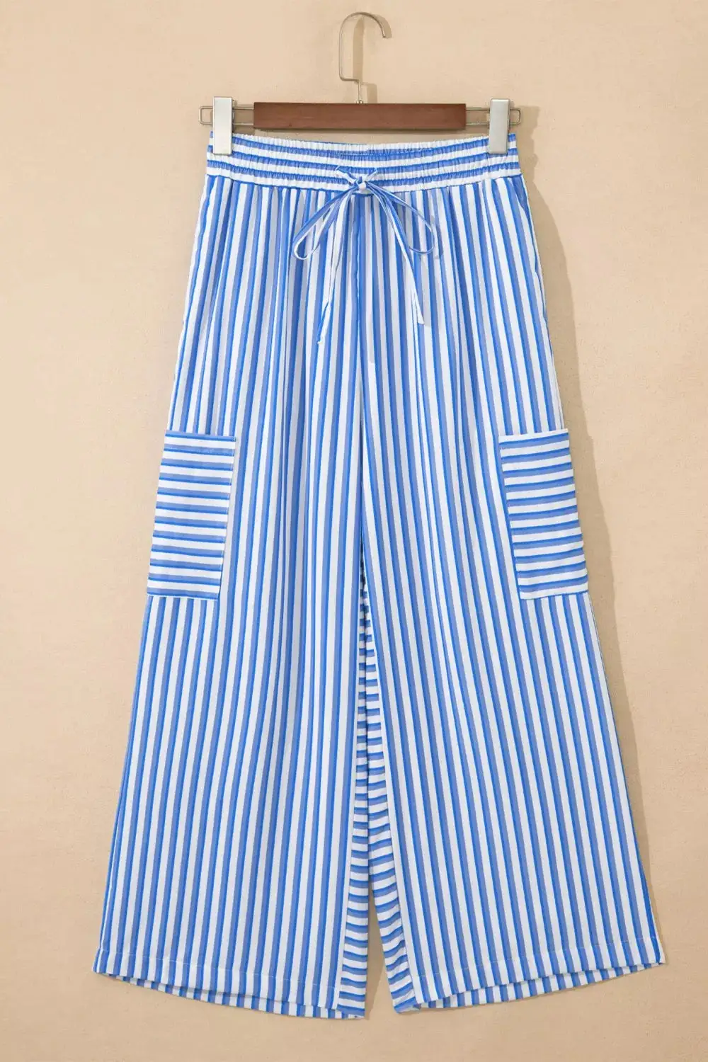Stripe Drawstring Elastic Waist Patch Pocket Wide Leg Ankle Length Pants