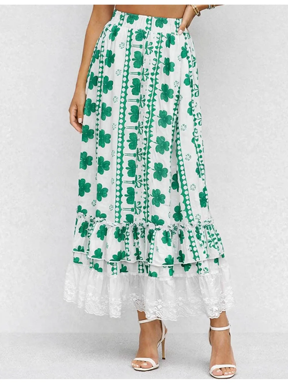 St Patrick Day Clover Ruffle Lace Hem Maxi Skirt