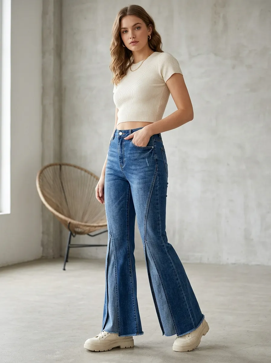 Women's Casual Fashion High-Waisted Split Hem Denim Flare Pants