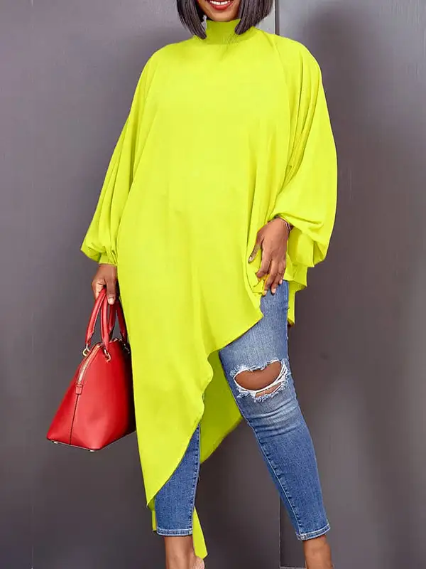 Relaxed Sheer Long Sleeve Asymmetric High Neck T-Shirt