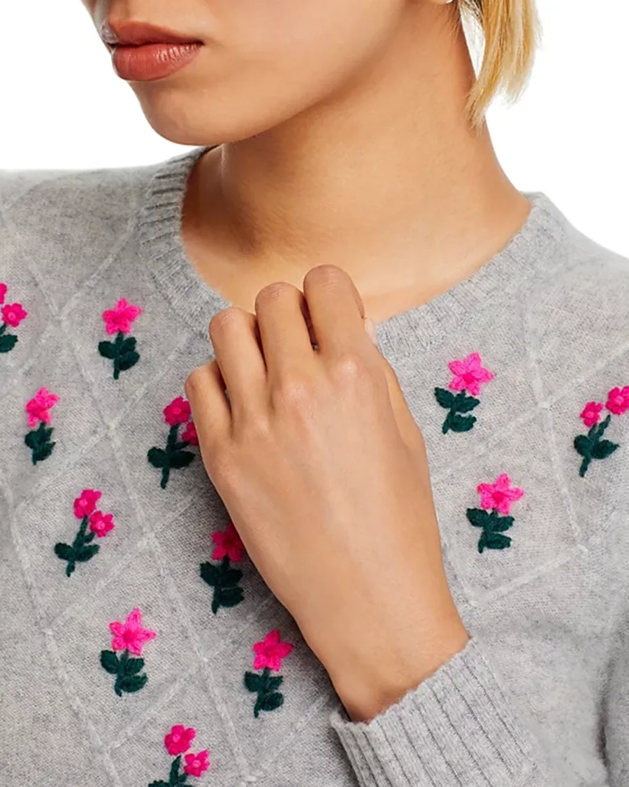 Puff Sleeve Embroidered Floral Cashmere Sweater