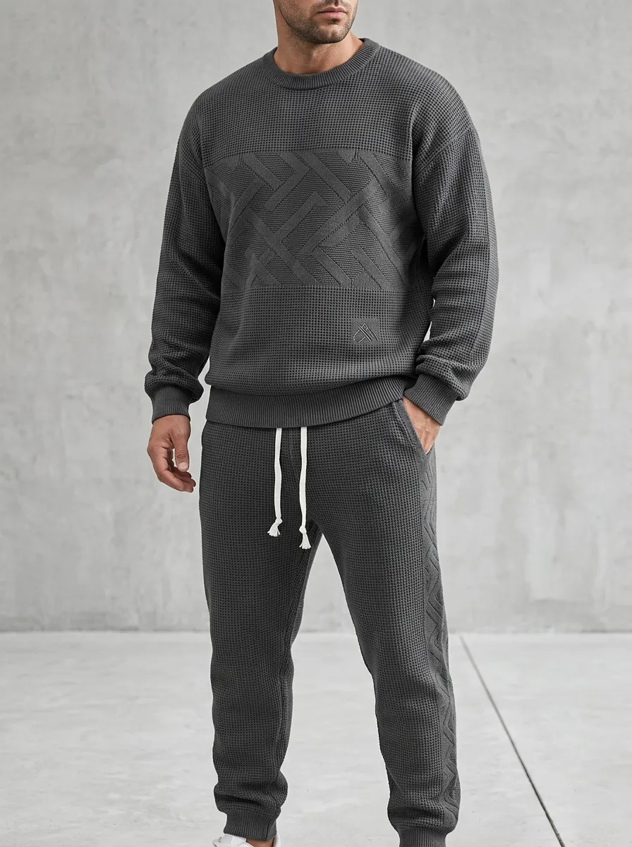 Waffle-Knit Textured-Knit Men's Knit Sweater Tracksuit Set
