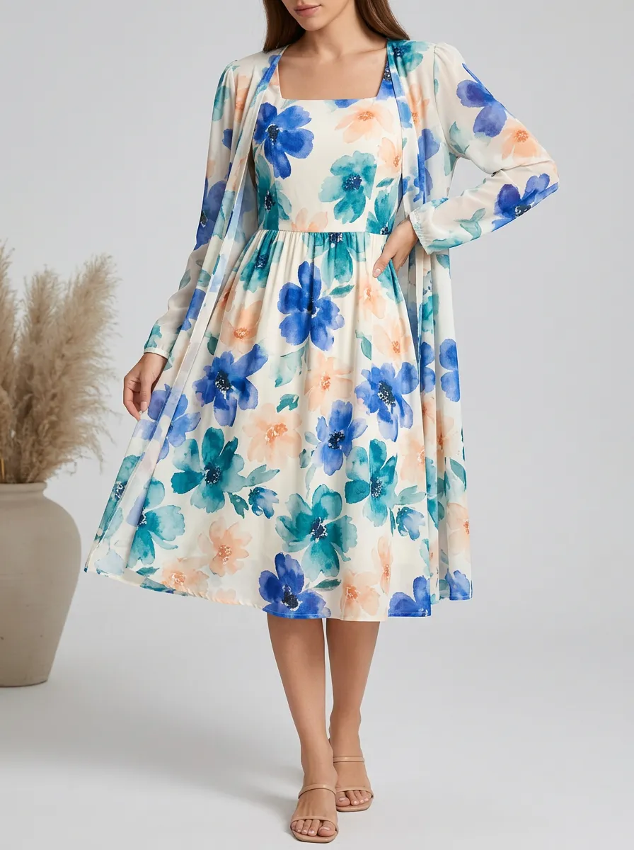 Women's Garden Floral Dress and Cardigan Set