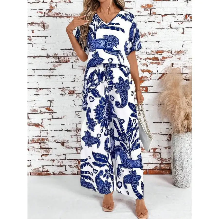 Printed V Neck Top and Wide Leg Pants Set