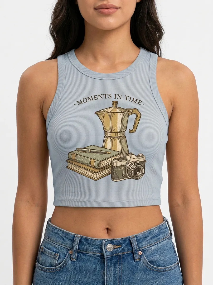 Women's Coffee Book Camera Lover Moments In Time Printed Crop Top