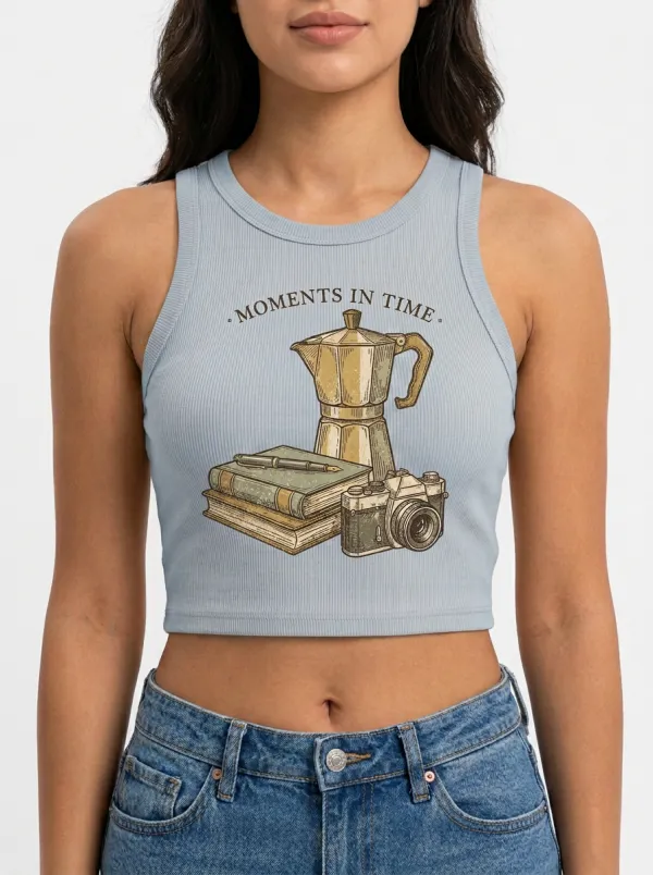 Women's Coffee Book Camera Lover Moments In Time Printed Crop Top