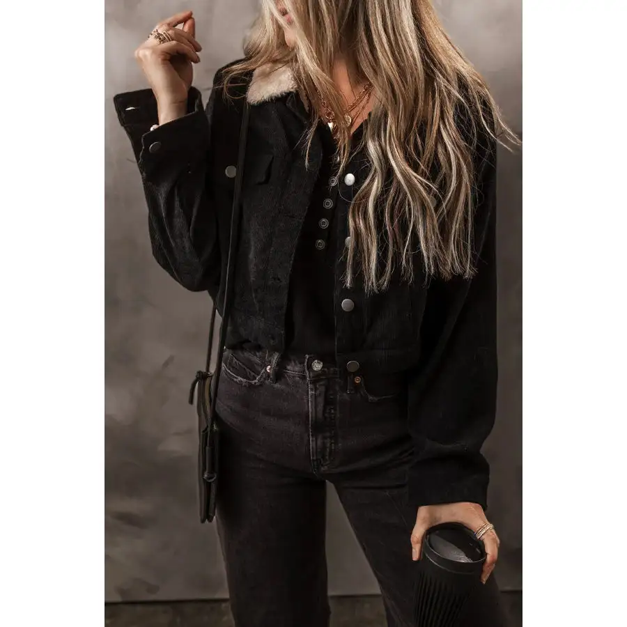 Fuzzy Collared Neck Button Down Jacket