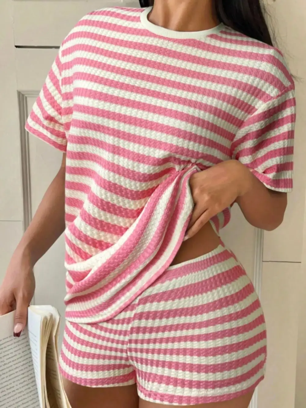 Easy Striped Round Neck Top and Shorts Set