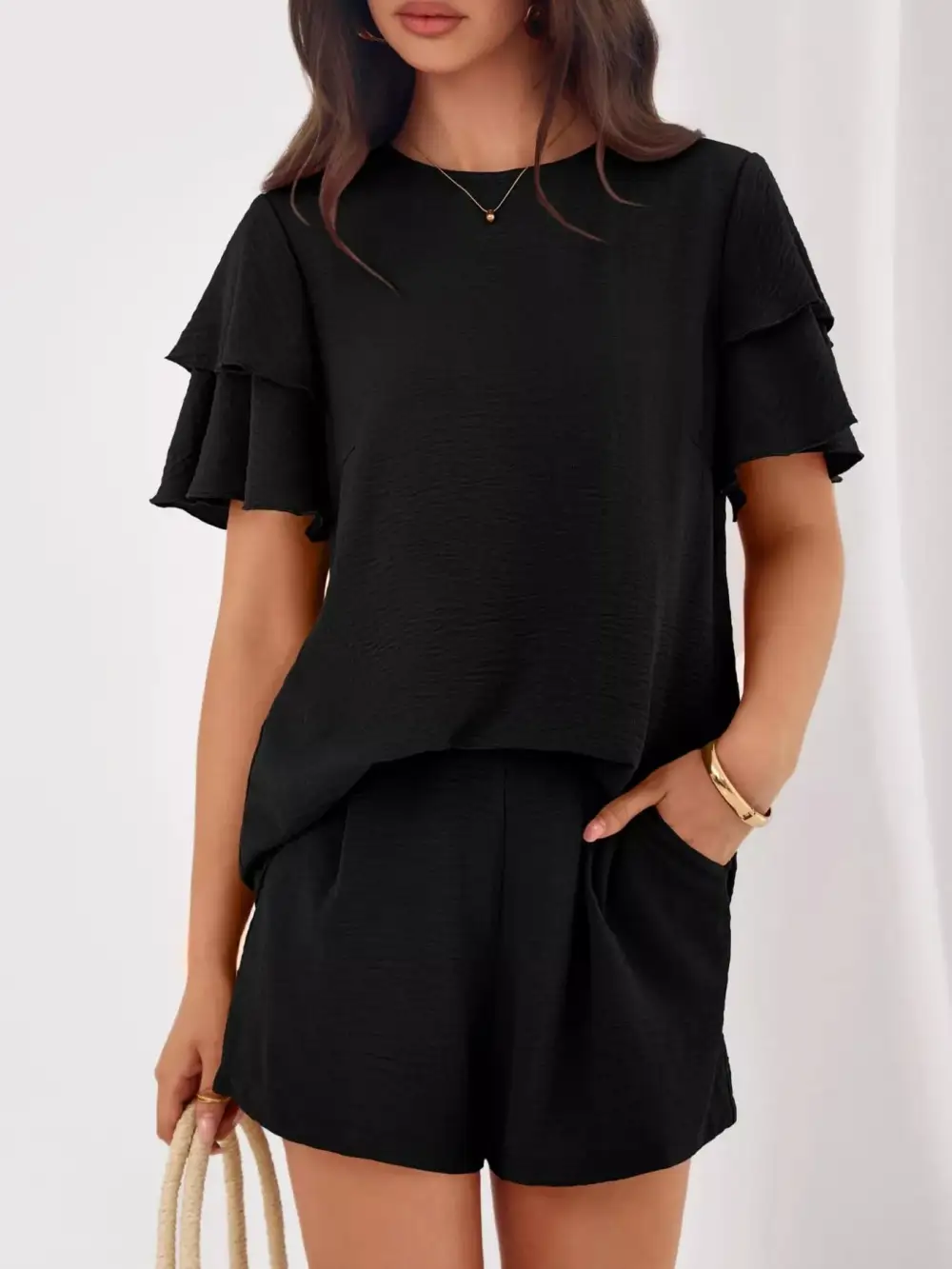 Ruffle Sleeve Top and Shorts Two-piece Set