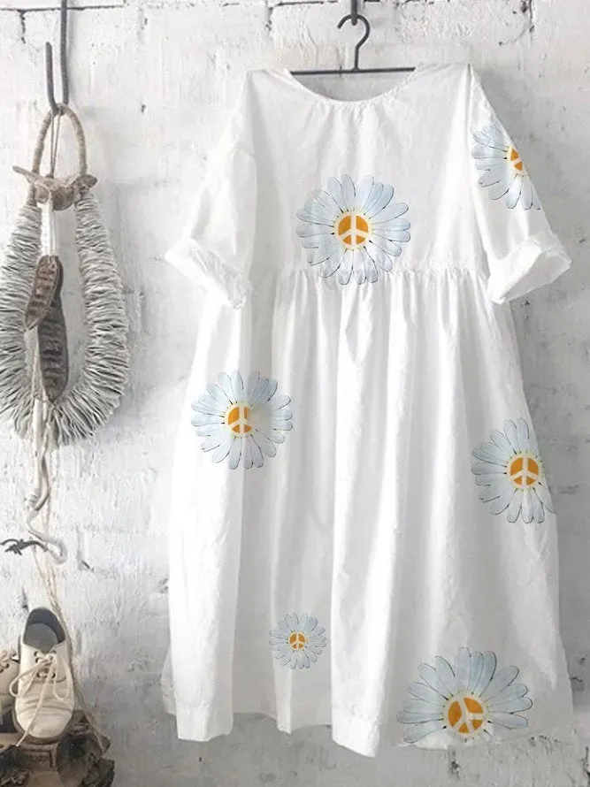 White Short Sleeve Casual Cotton Printed Dresses