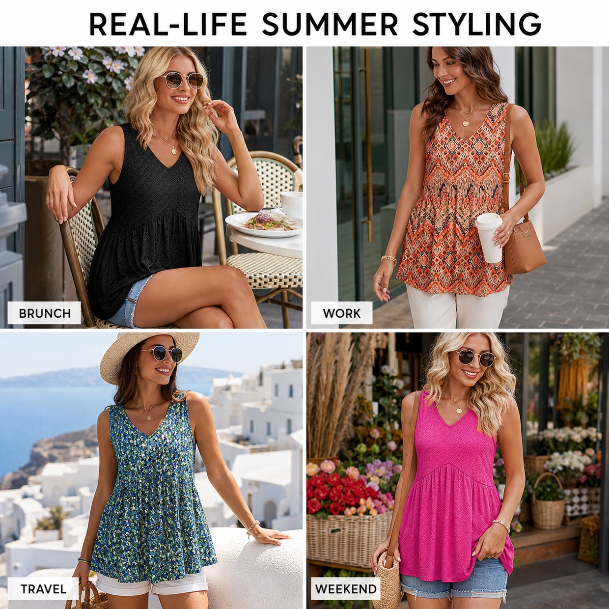 Real-life styling scenes for flowy V-neck tank tops