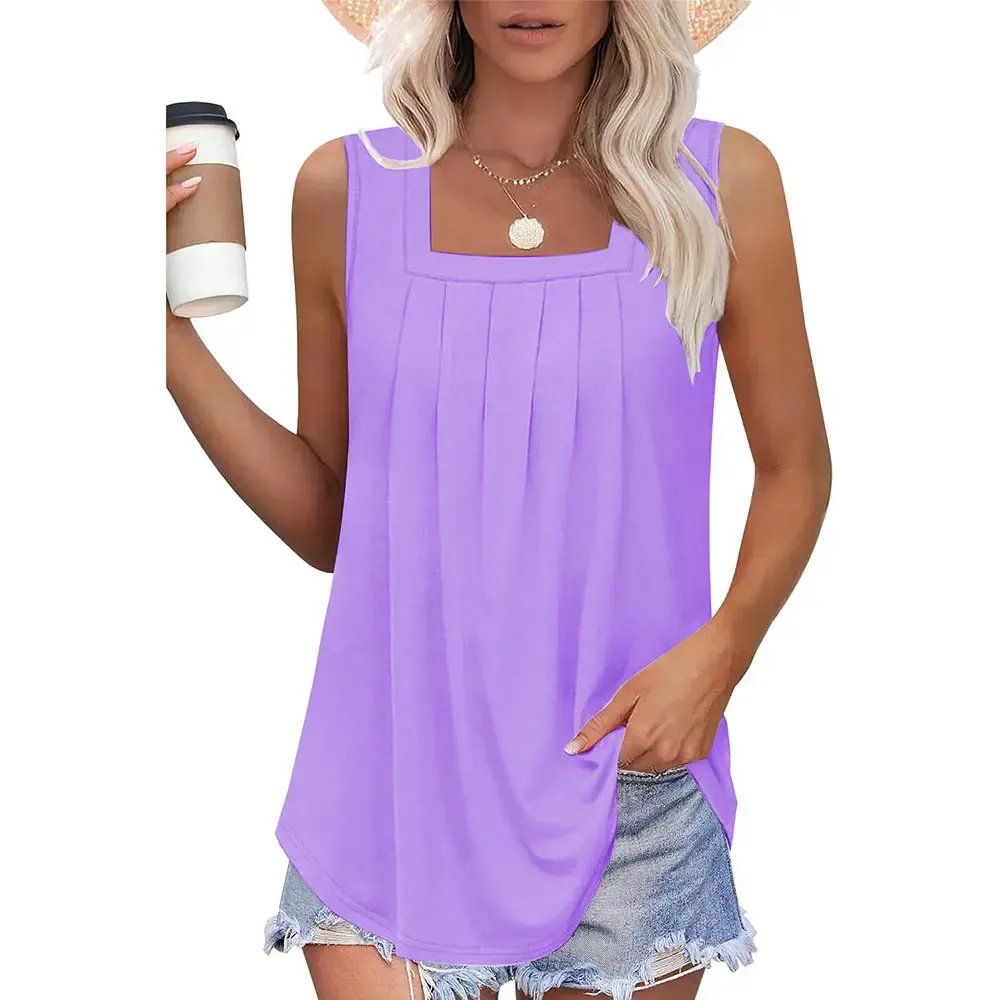 Summer Tank Tops for Women Loose Fit Pleated Square Neck Sleeveless Tops