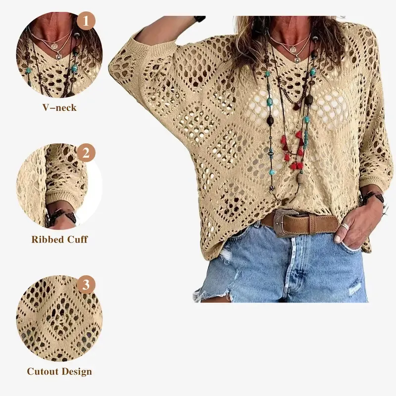 Women's Bohemian-Inspired Beige Crochet Top with V-Neck