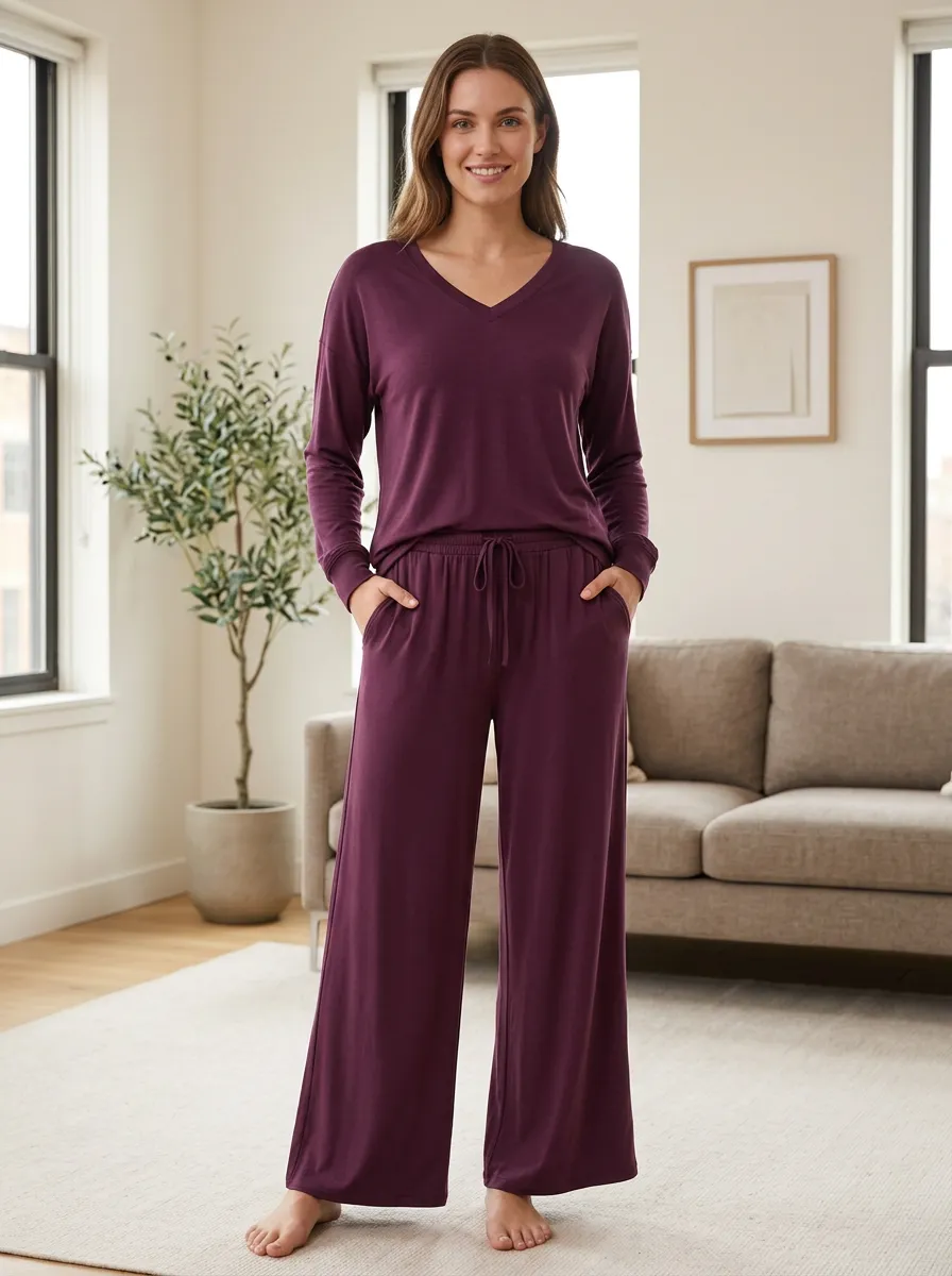 Women's Laid Back Homewear V-Neck Wide Leg Loungewear Set