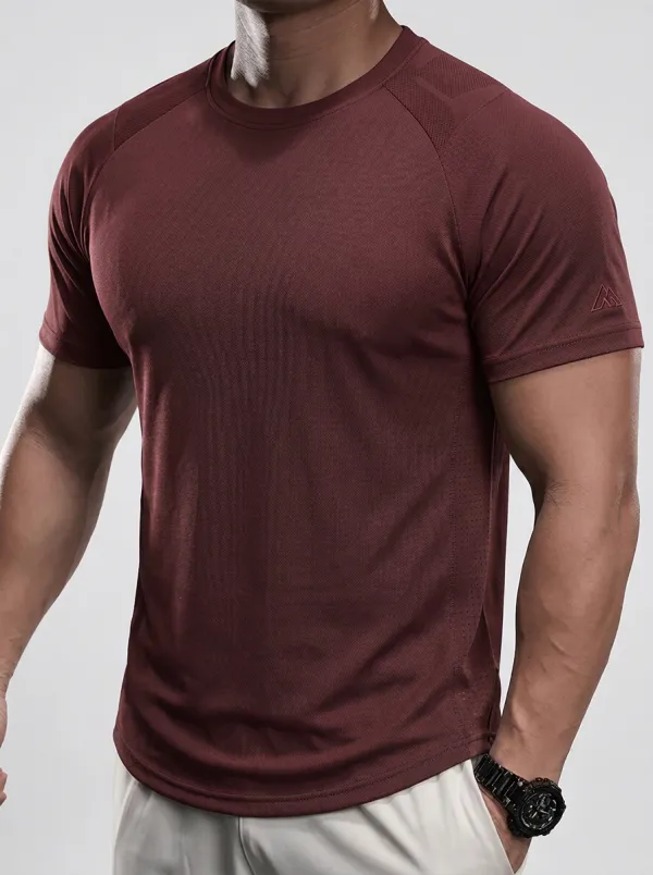 Men's Active Emblem Fitness Training Mesh Textured Raglan Performance Sport Crewneck T-Shirt