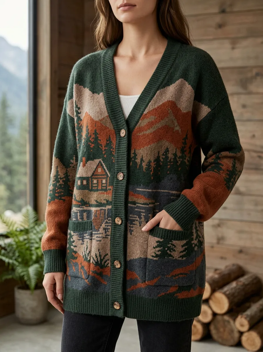Women's Nature Lover Mountain Cabin Printed Cardigan