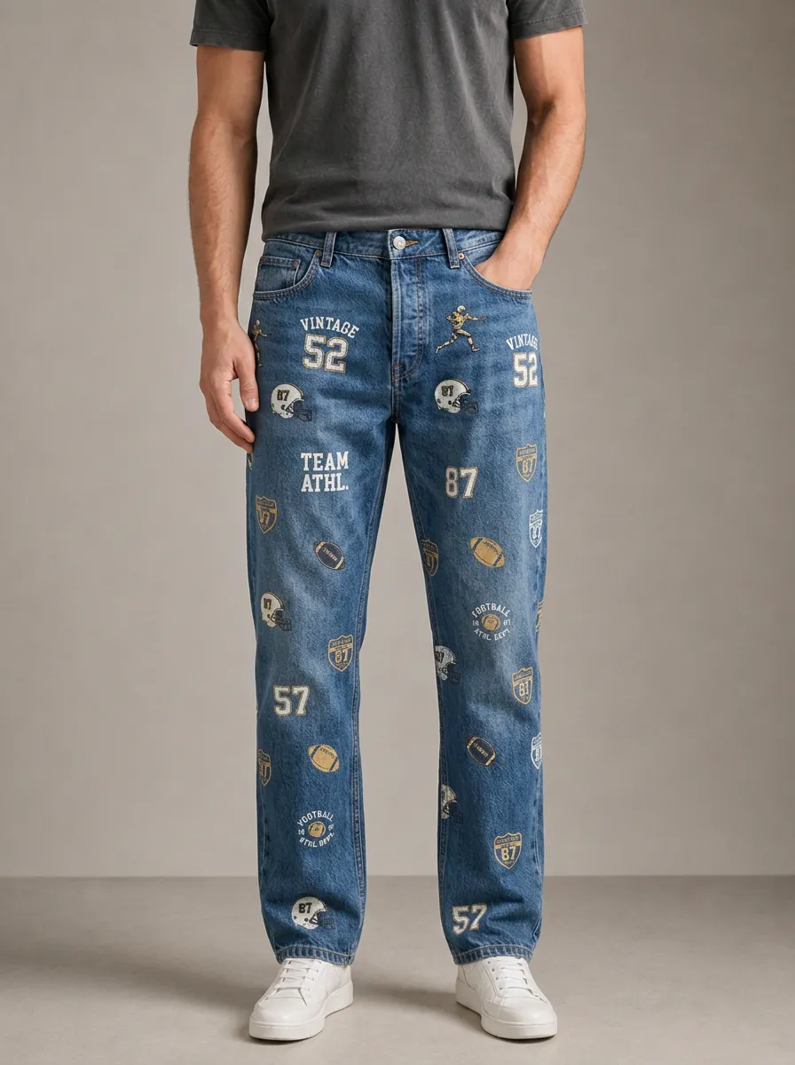 Men's American Football Lover Vintage Graphic Printed Jeans