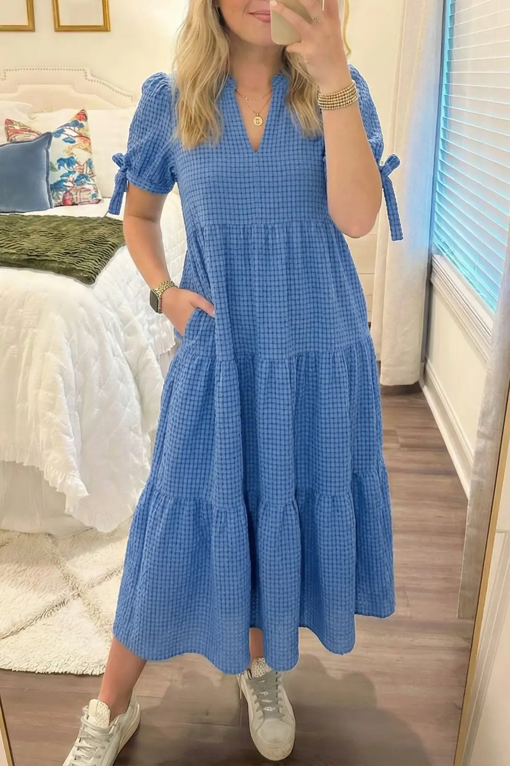 Gingham Short Sleeve Tiered Tie Waist Bow Tie Everyday Midi Dress