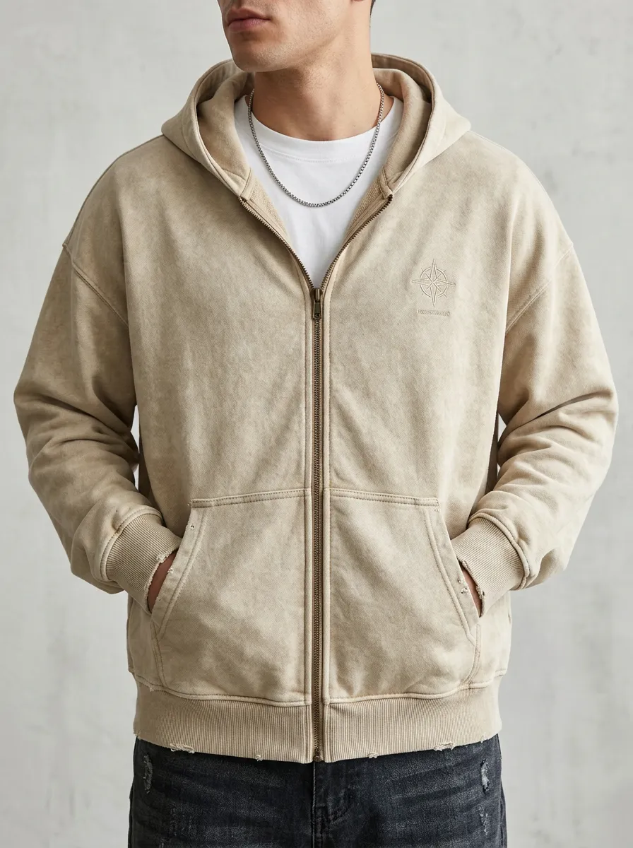 Men's Vintage Compass Graphic Distressed Chest Embroidery Zip-Up Hoodie