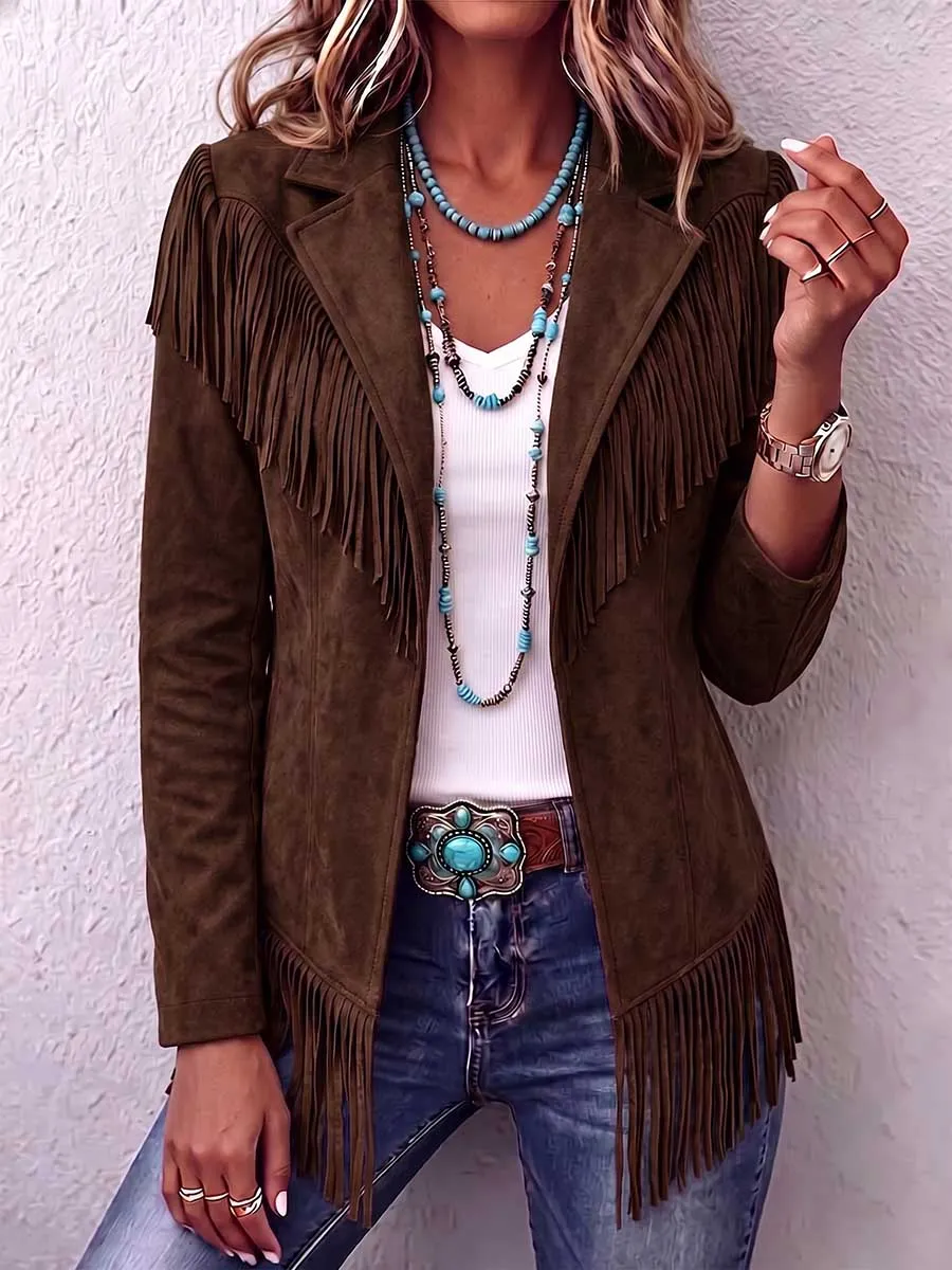 Refined Women S Solid Color Lapel Long-sleeved Casual Loose Tassel Jacket