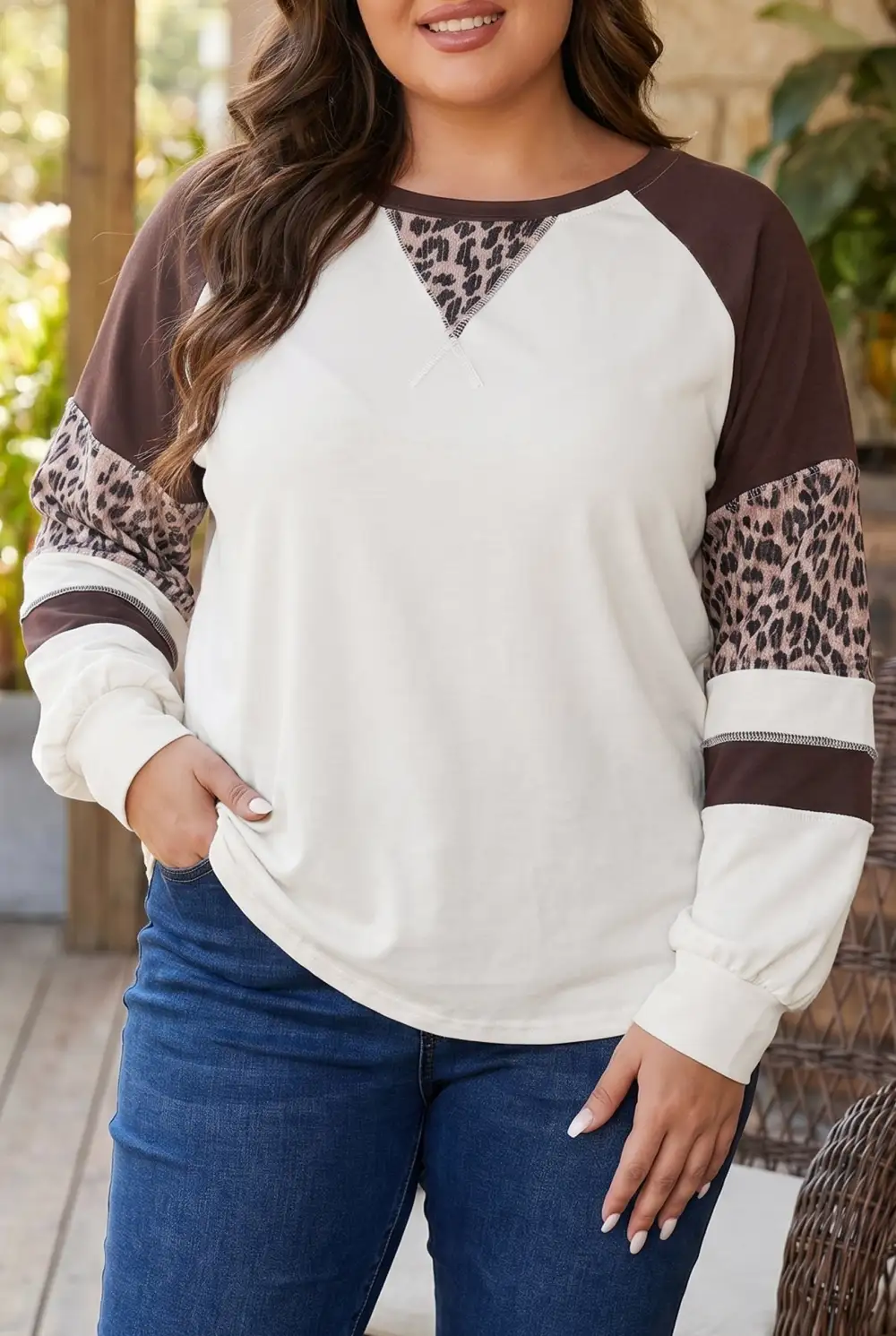 Leopard Print Round Neck Relaxed Cotton Blend Long Sleeve Top