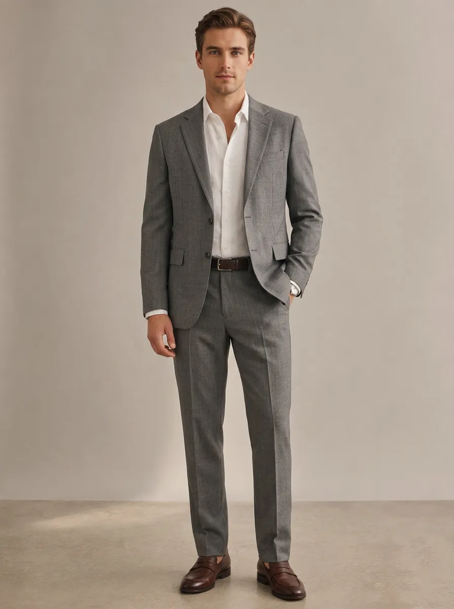 Men's Two Button Business Formal Grey Solid Color Tailored Suit Set