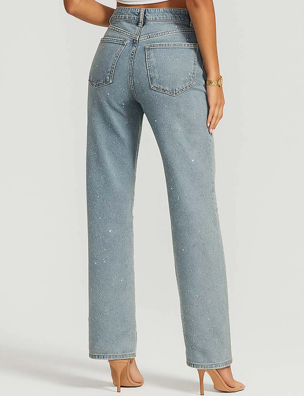 Rhinestone Button Front Straight Leg Denim Pants