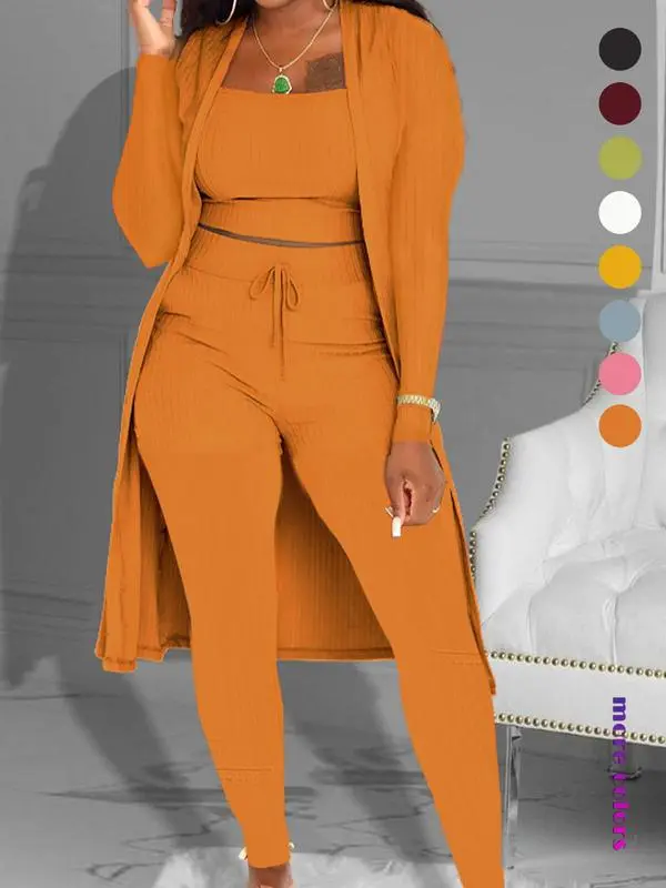 Women's Plain Long Sleeve Open Front Cardigan & Tie Front Leggings & Sleeveless Cropped Top Set, Casual Elegant Chic Fashion Cozy Breathable Women's Outfits for Fall, Ladies Fall Co-ord Sets, Clothes