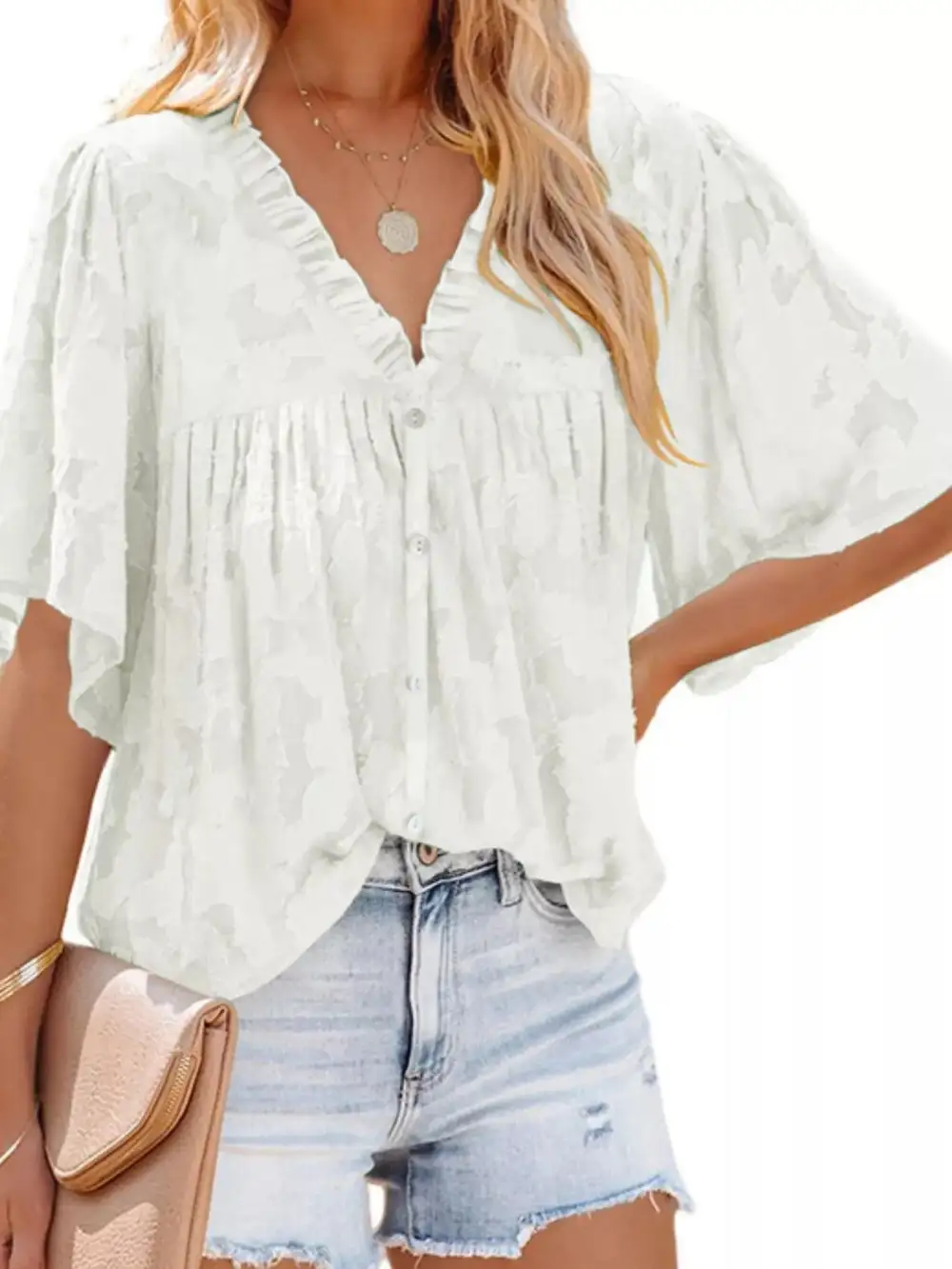 Textured V Neck Button Down Shirt Plus