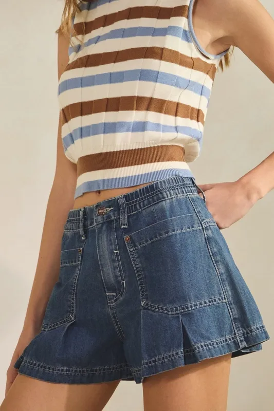 Pleated Denim Shorts