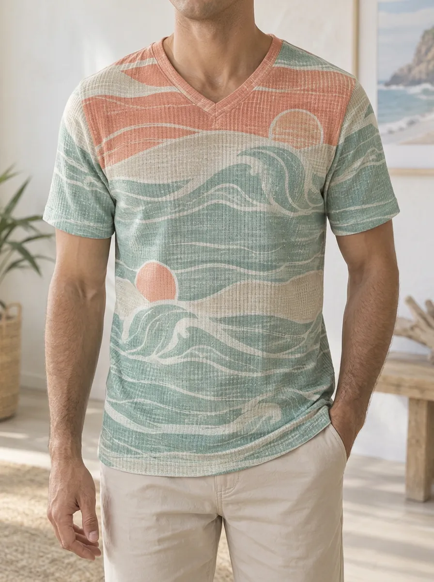 Men's Dynamic Beach Lover Ocean Sunset Wave V-Neck T-Shirt