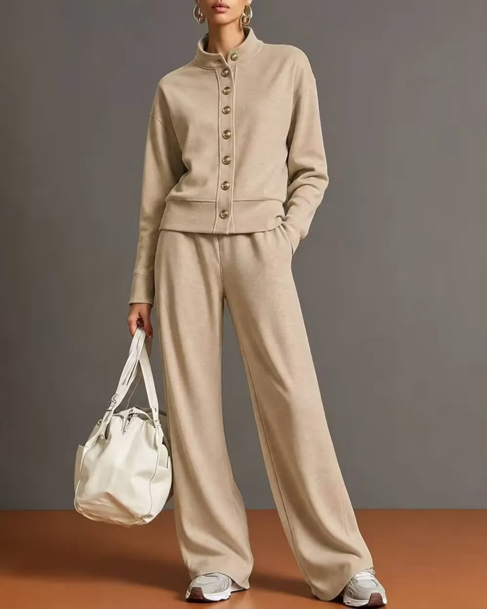 Button Cardigan and Wide-Leg Sweatpants Set