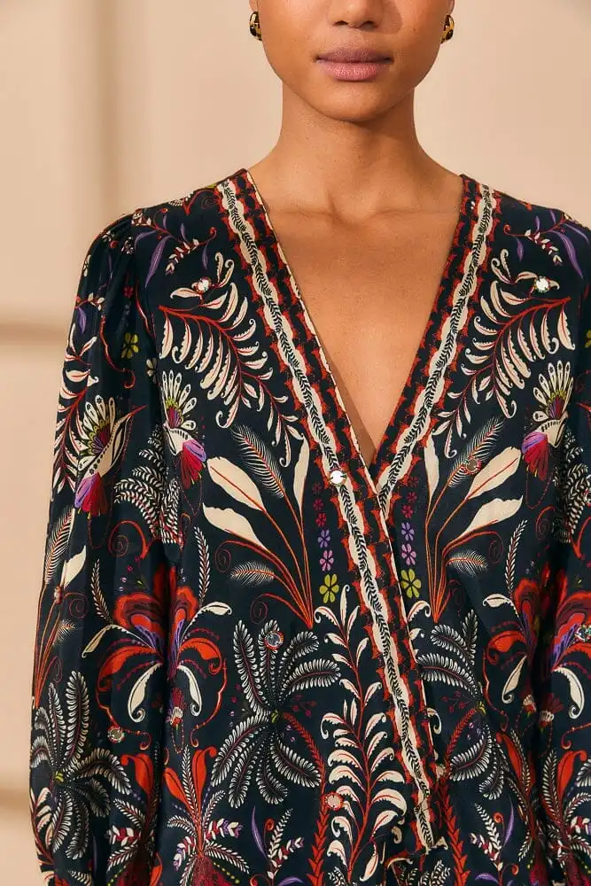 Beaded Mirror-Trim Button-Front Blouse