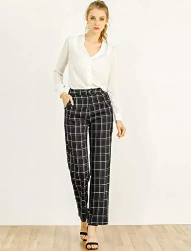 Women's Plaid Pants Elastic Waist Casual Work Office Long Trousers