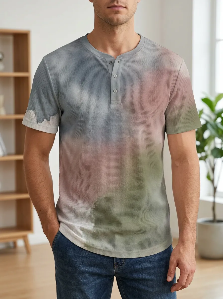 Men's Relaxed Casual Tie-Dye Waffle Knit Henley T-Shirt