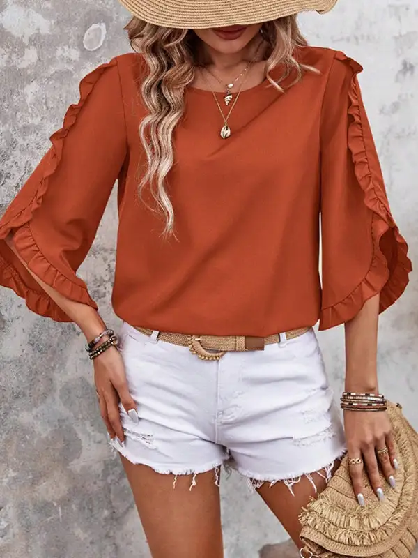 Relaxed Three Quarter Sleeves Ruffle Trim Round Neck T-Shirt