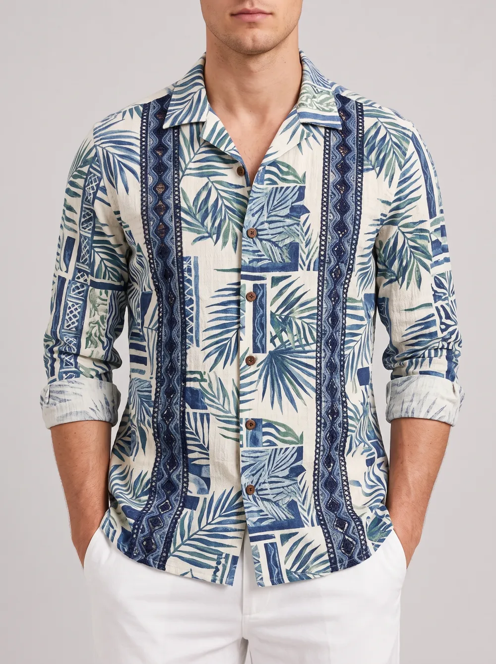 Men's Tropical Vacation Blue Leaf Printed Long Sleeve Shirt