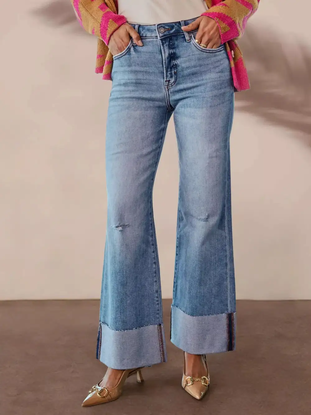 High Waist Flare Leg Distressed Denim Jeans