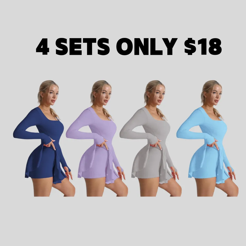 Women's Solid Criss Cross Backless 2 in 1 Sports Dress, Long Sleeve Square Neck Tennis Dress, Ladies Sportswear for Indoor Outdoor Wear