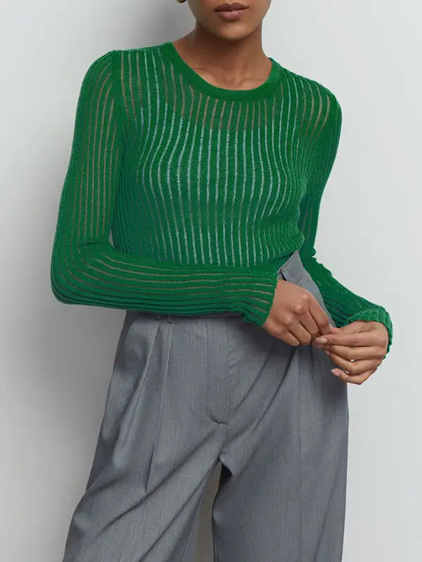 Long Sleeve Slim Fit Sheer Panel Detail Round Neck T-Shirt