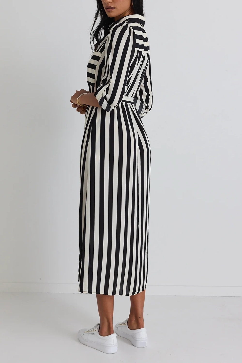 Black White Stripe Shirt Maxi Dress