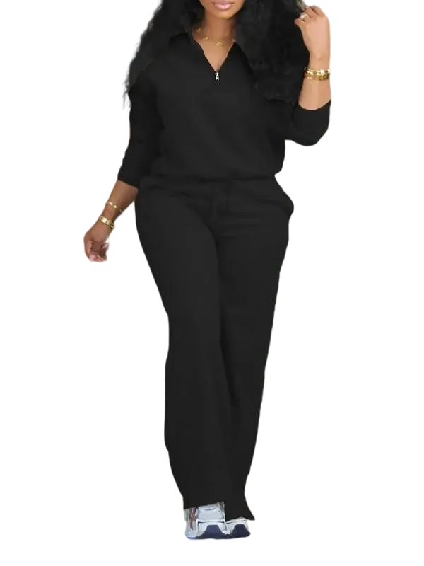 Women's Solid Half Placket Split Hem Pants Set