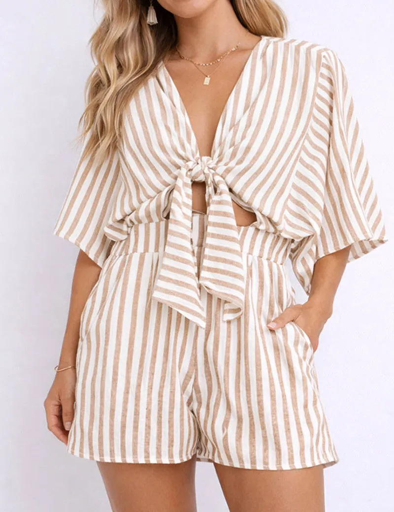 Chic V Neck Knot Kimono Sleeves Romper