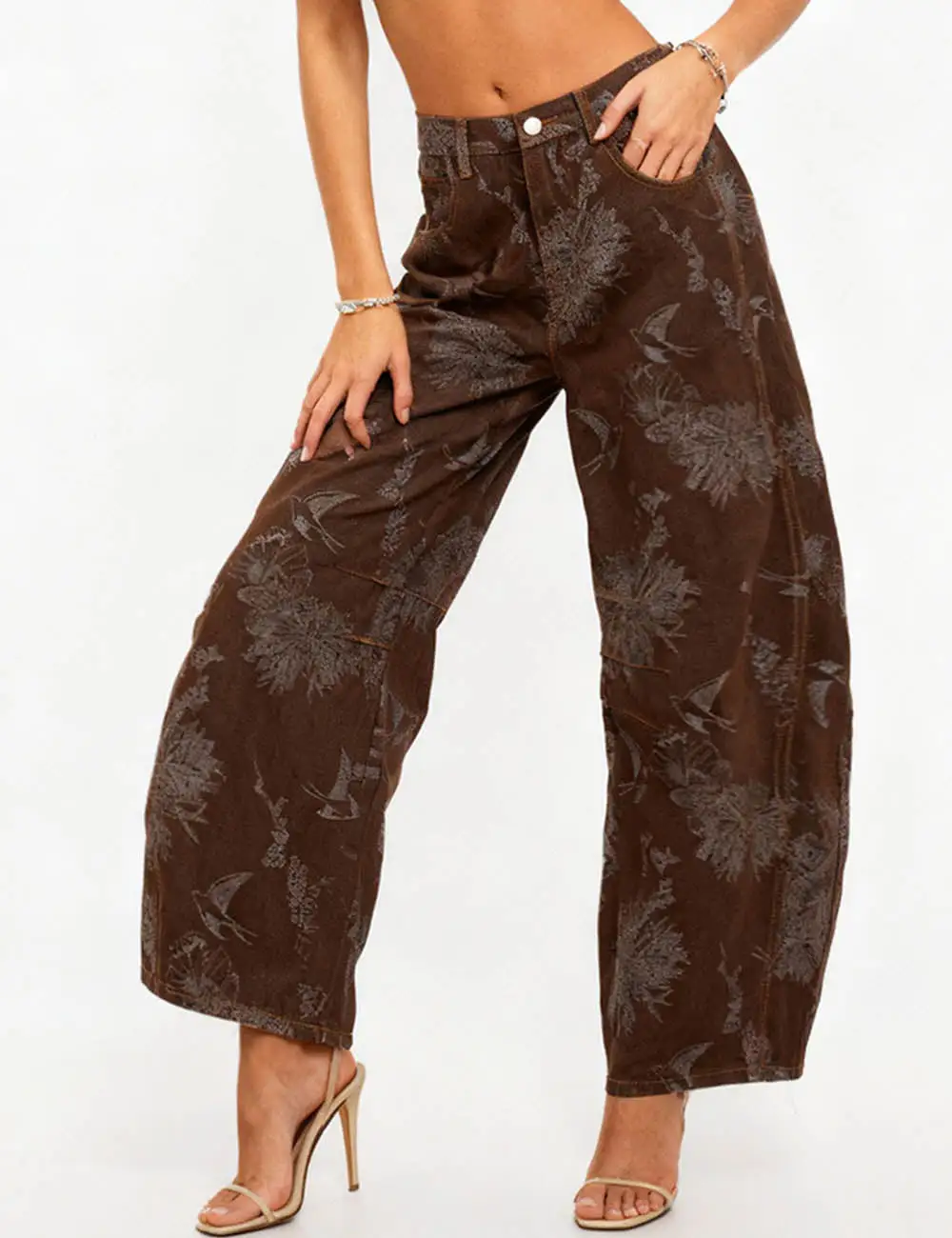Color Block Floral Print Pocket Barrel Leg Denim Pants