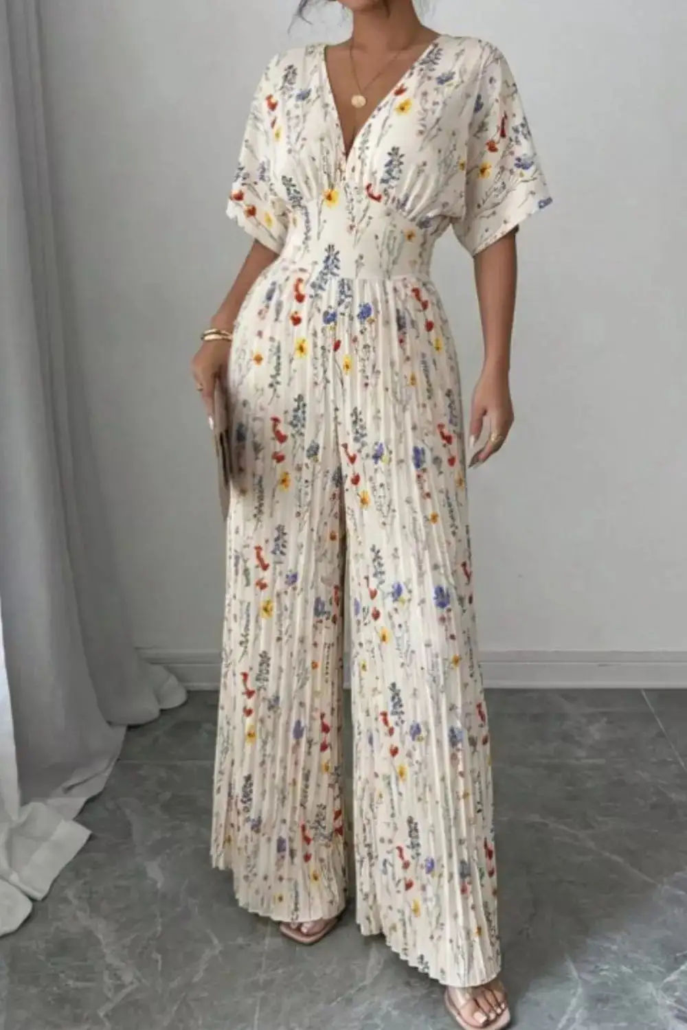 Floral Print Wide Leg Pleated Jumpsuit