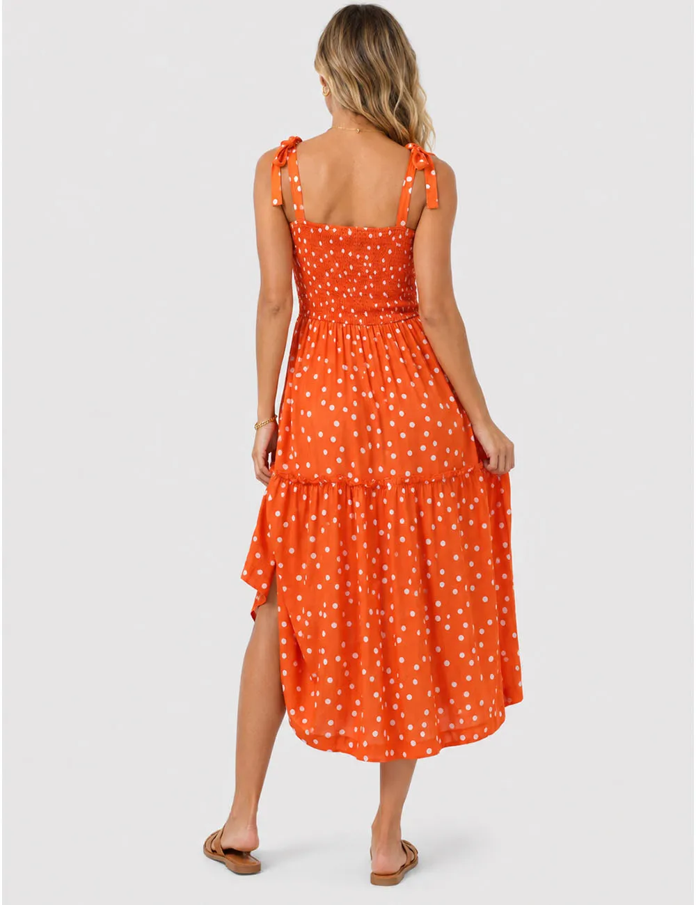 Abstract Smocked Strap Square Neck Midi Dress