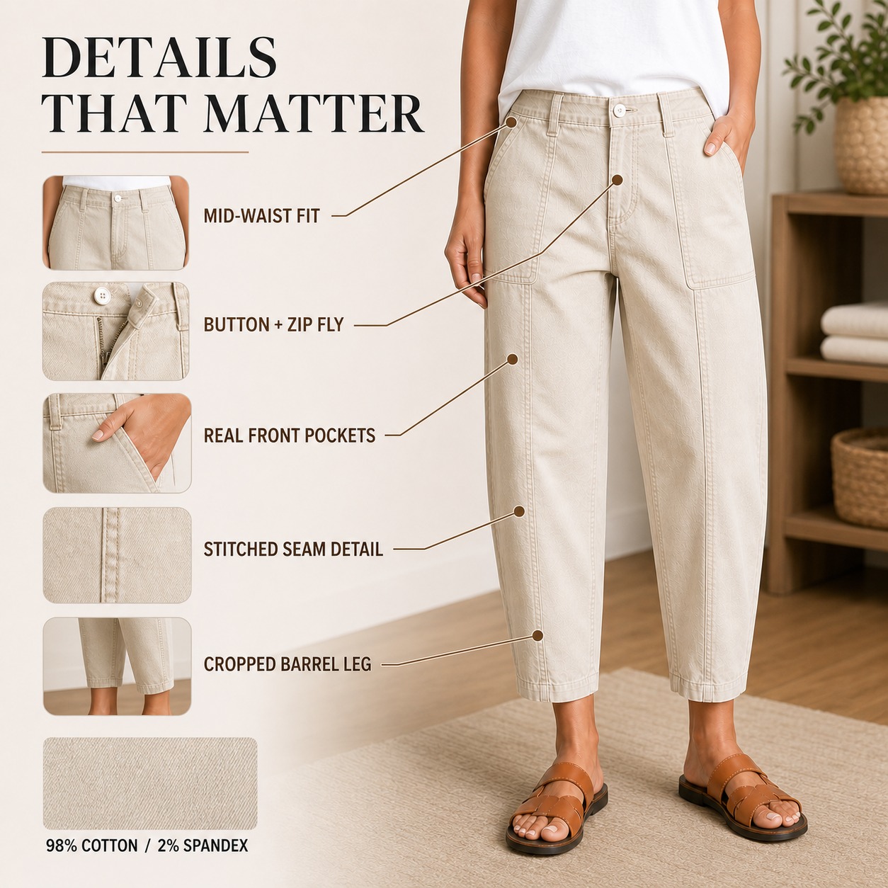 Stitch detail pocket and cropped barrel leg breakdown